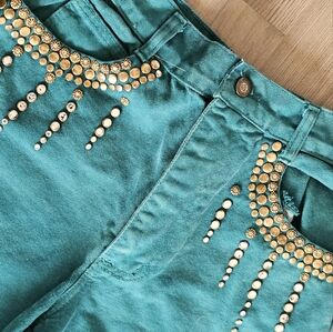 VINTAGE | Unique Rhinestone Boho High Waisted Teal Denim Shorts